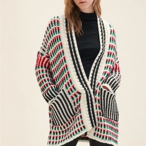 MAJE Marcello Graphic Chunky Knit Open Front Pockets Cardigan Size 2(M) …